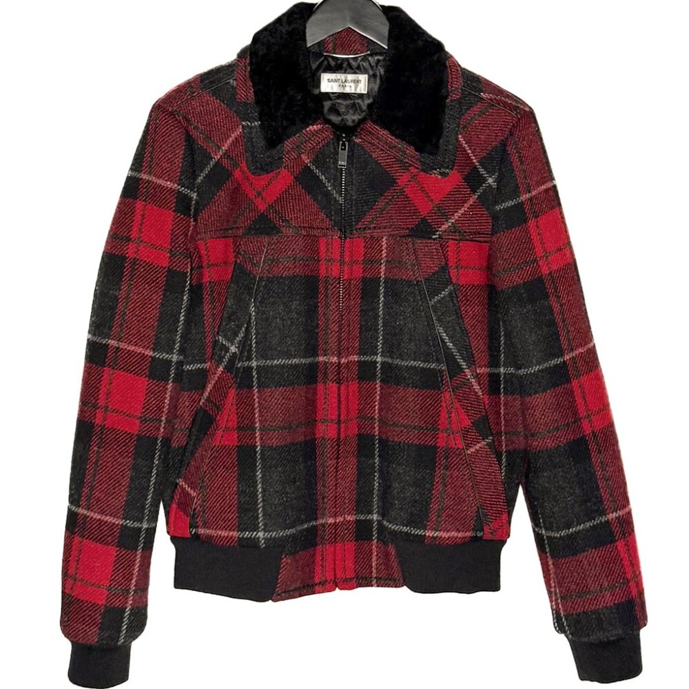 Saint Laurent Shearling Collar Black Red Plaid Jacket